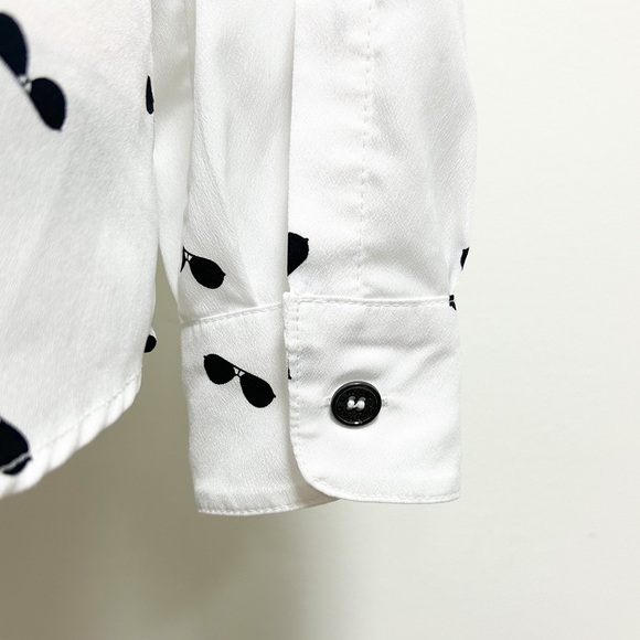 Karl Lagerfeld White Black Sunglasses Roll Tab Sleeve Button Up Collar Blouse XS - Picture 12 of 15